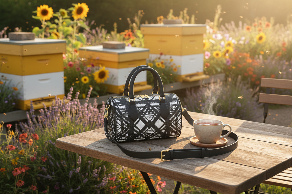 Hot Metal Mini Denbigh Duffle Bag on Cafe Table at Apiary Mockup