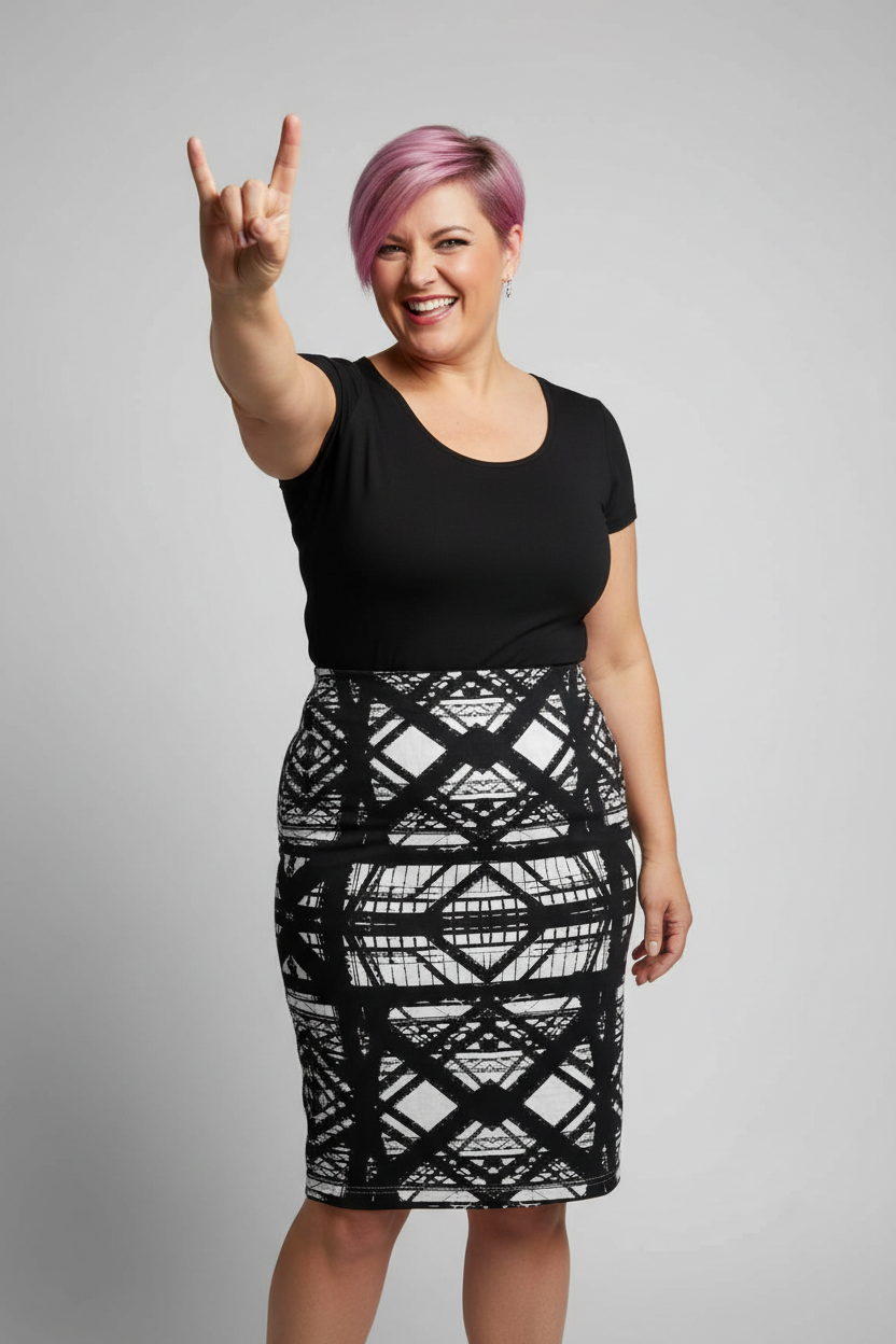 Hot Metal Pencil Skirt Full Figure Middle Age Woman Pink Hair Metal Sign Studio Mockup