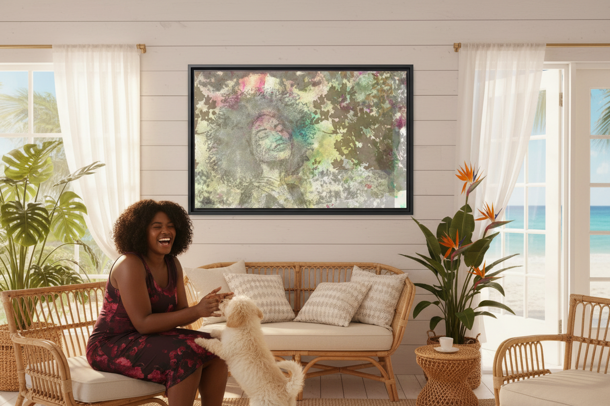 Joy Canvas - Centered with Model and Puppy Beachside Bungalow