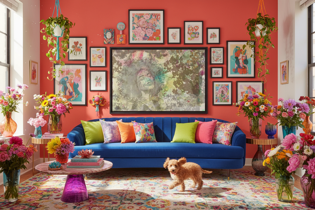 Joy Canvas - Dopamine Decor Apartment with Flowers and Puppy