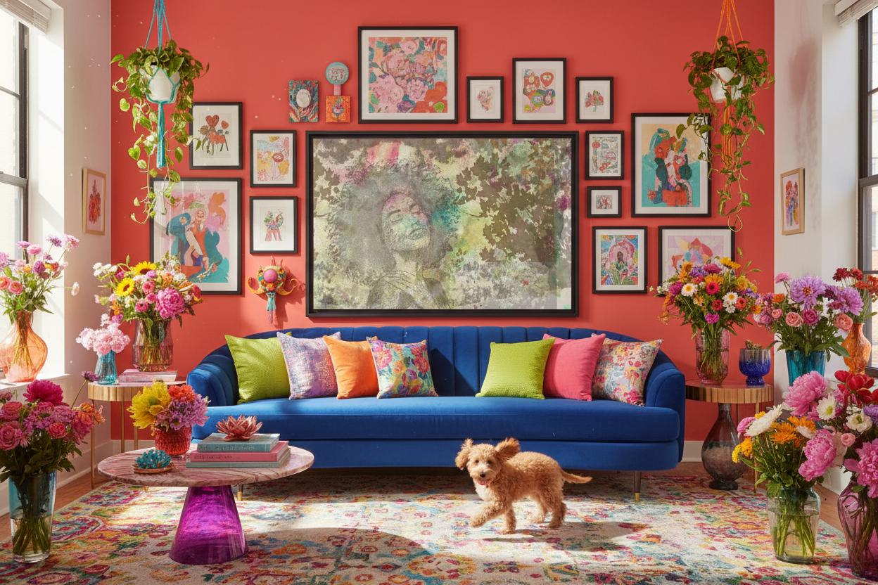Joy Canvas - Dopamine Decor Apartment with Flowers and Puppy