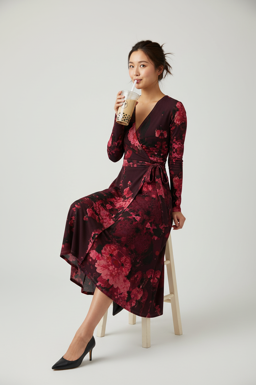 Long Bliss Blossom Wrap Dress Asian Model Sipping Bubble Tea Studio Mockup