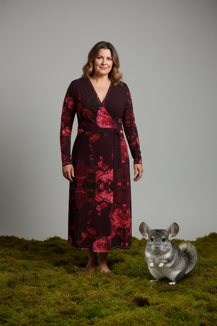 Long Bliss Blossom Wrap Dress Full Figured Middle Aged Model Chinchilla Moss Studio Mockup