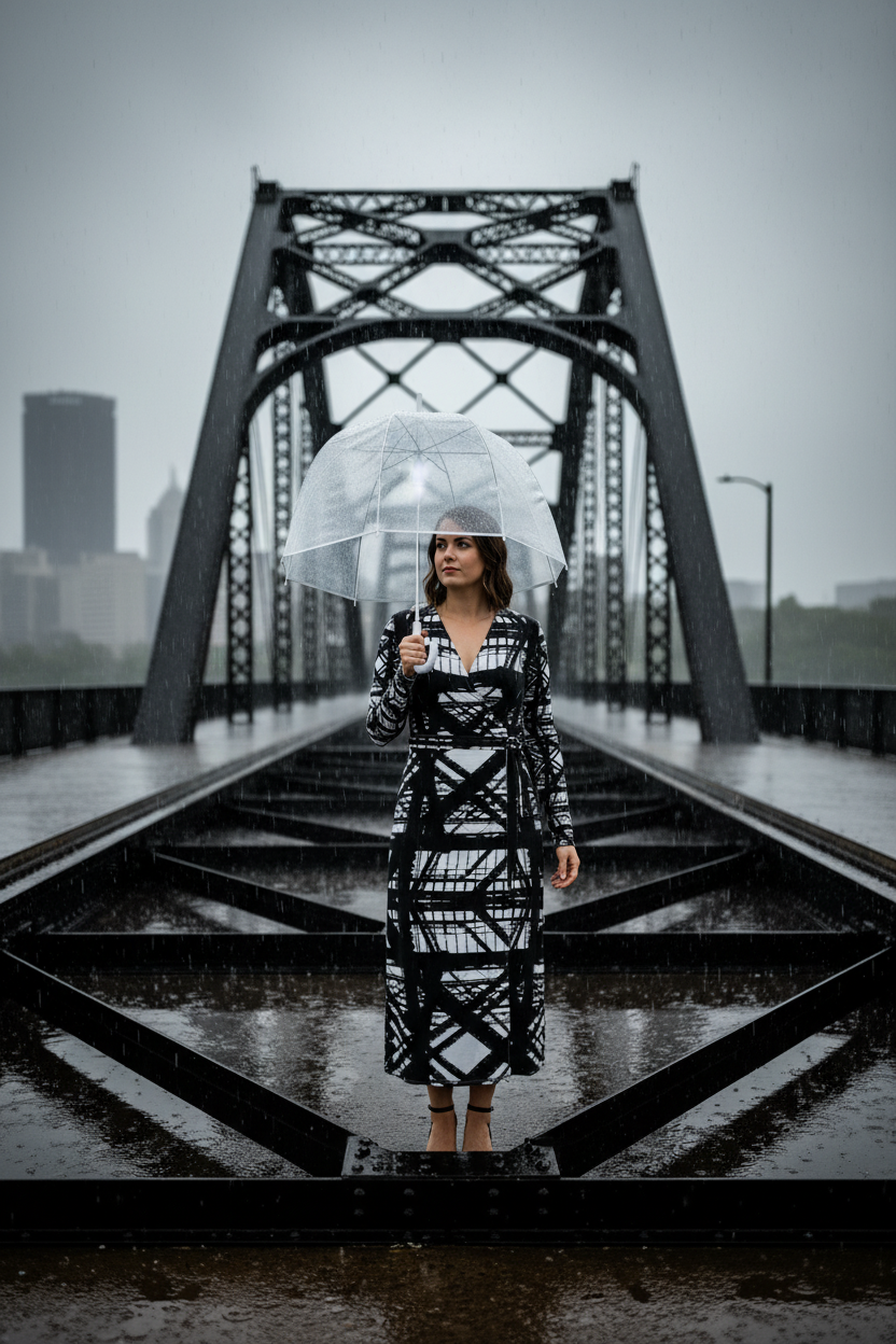 Long Hot Metal Wrap Dress Hot Metal Bridge Pittsburgh Rain Umbrella Mockup