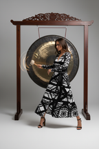 Long Hot Metal Wrap Dress Model in Front of Gong Studio Mockup