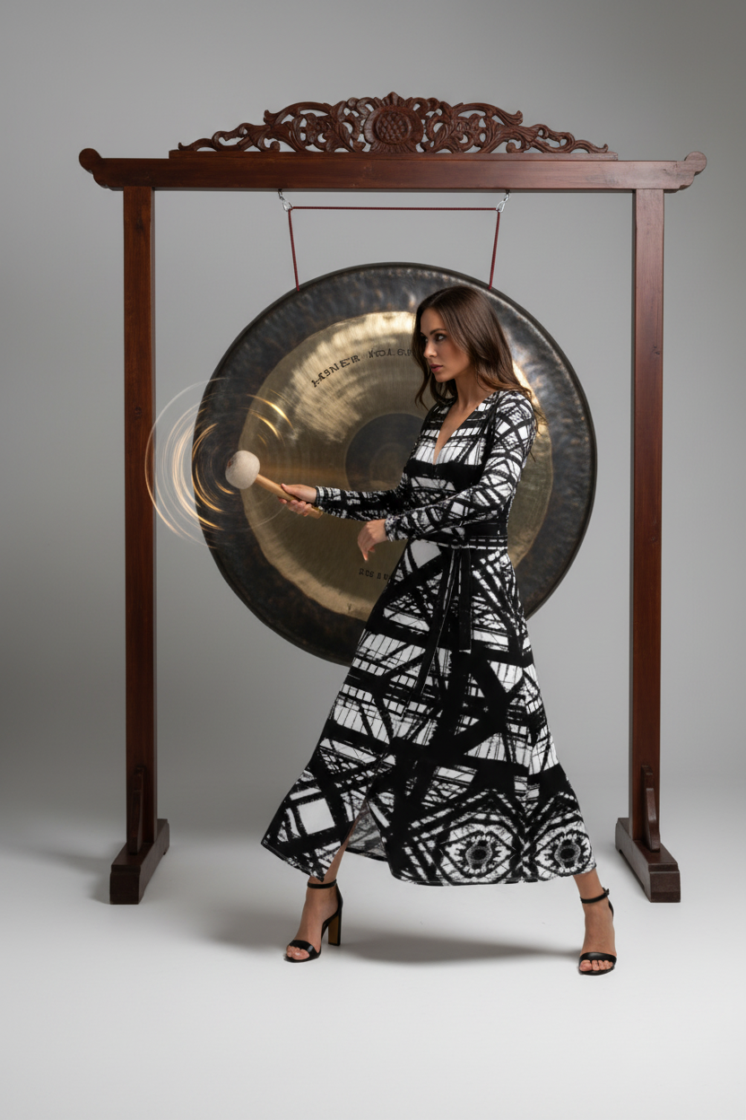 Long Hot Metal Wrap Dress Model in Front of Gong Studio Mockup