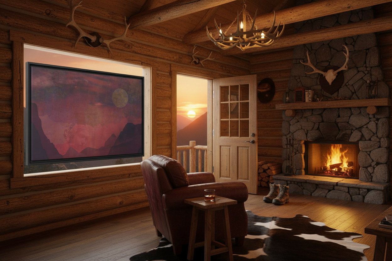 Longing Canvas - Mountain Cabin with Sunset Between the Slopes