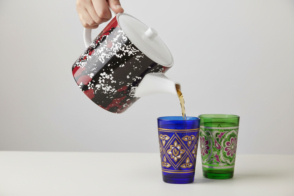 Mad Blossom Bone China Teapot Pouring into Moroccan Tea Glasses Studio Mockup