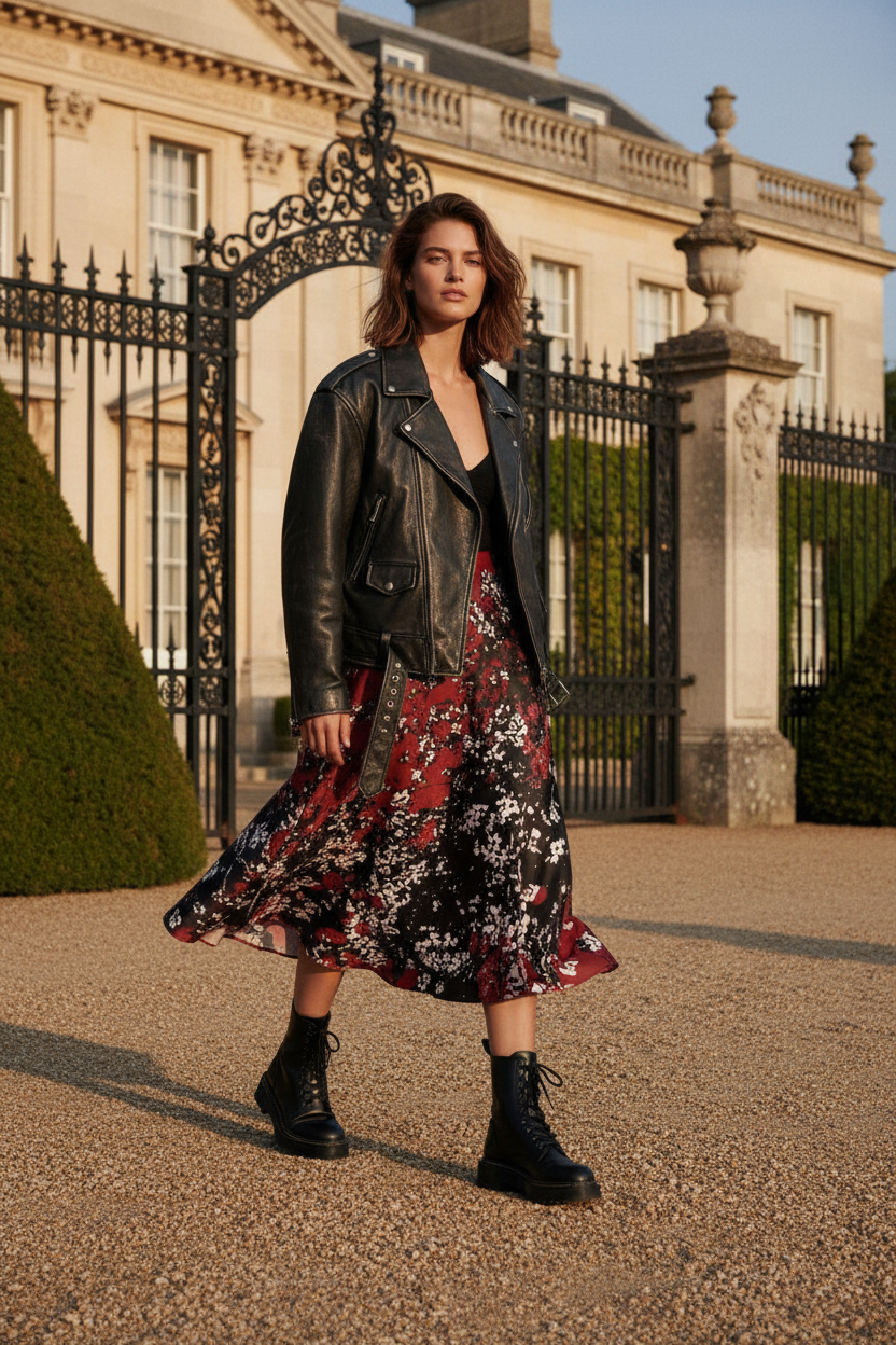 Mad Blossom Midi Skirt – Mansion Leather Jacket Combat Boots