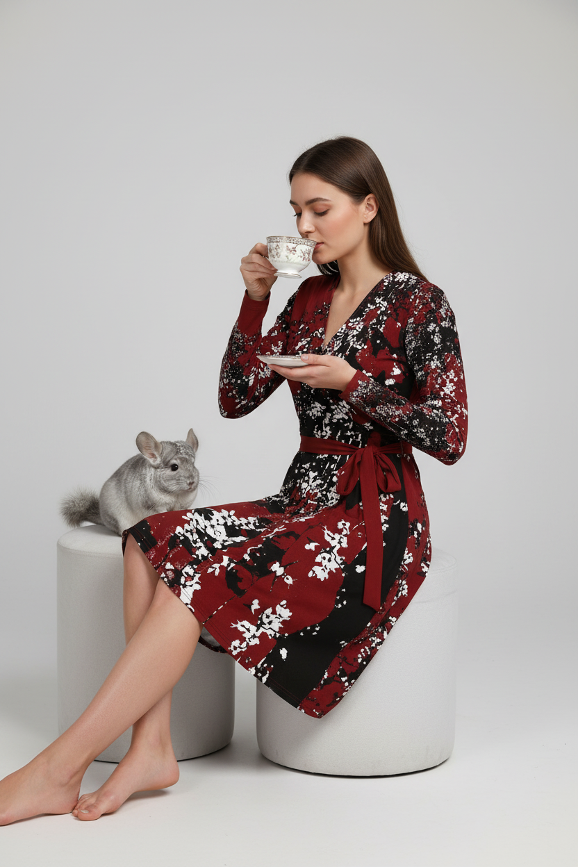 Mad Blossom Wrap Dress Model Drinking Tea with Chinchilla Studio Mockup