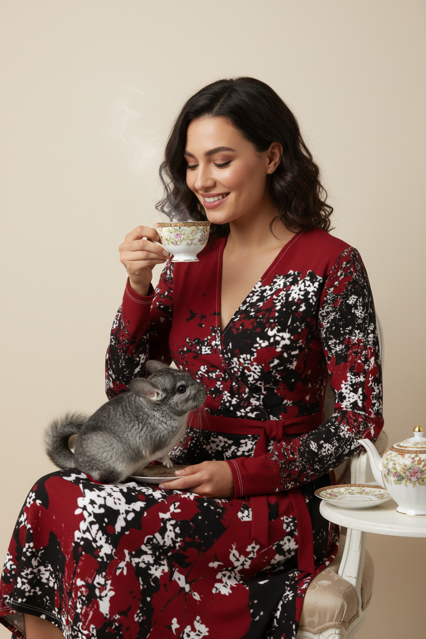 Mad Blossom Wrap Dress Model Drinking Tea with Chinchilla Studio Mockup