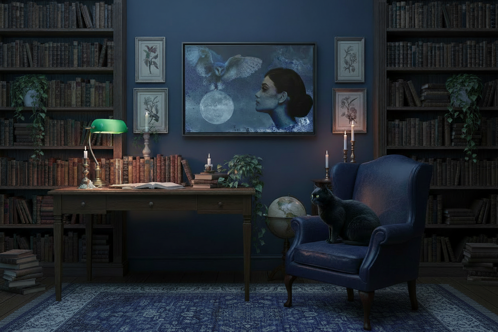 Moon Owl Canvas - Dark Academia with Blue Jean Moroccan Rug