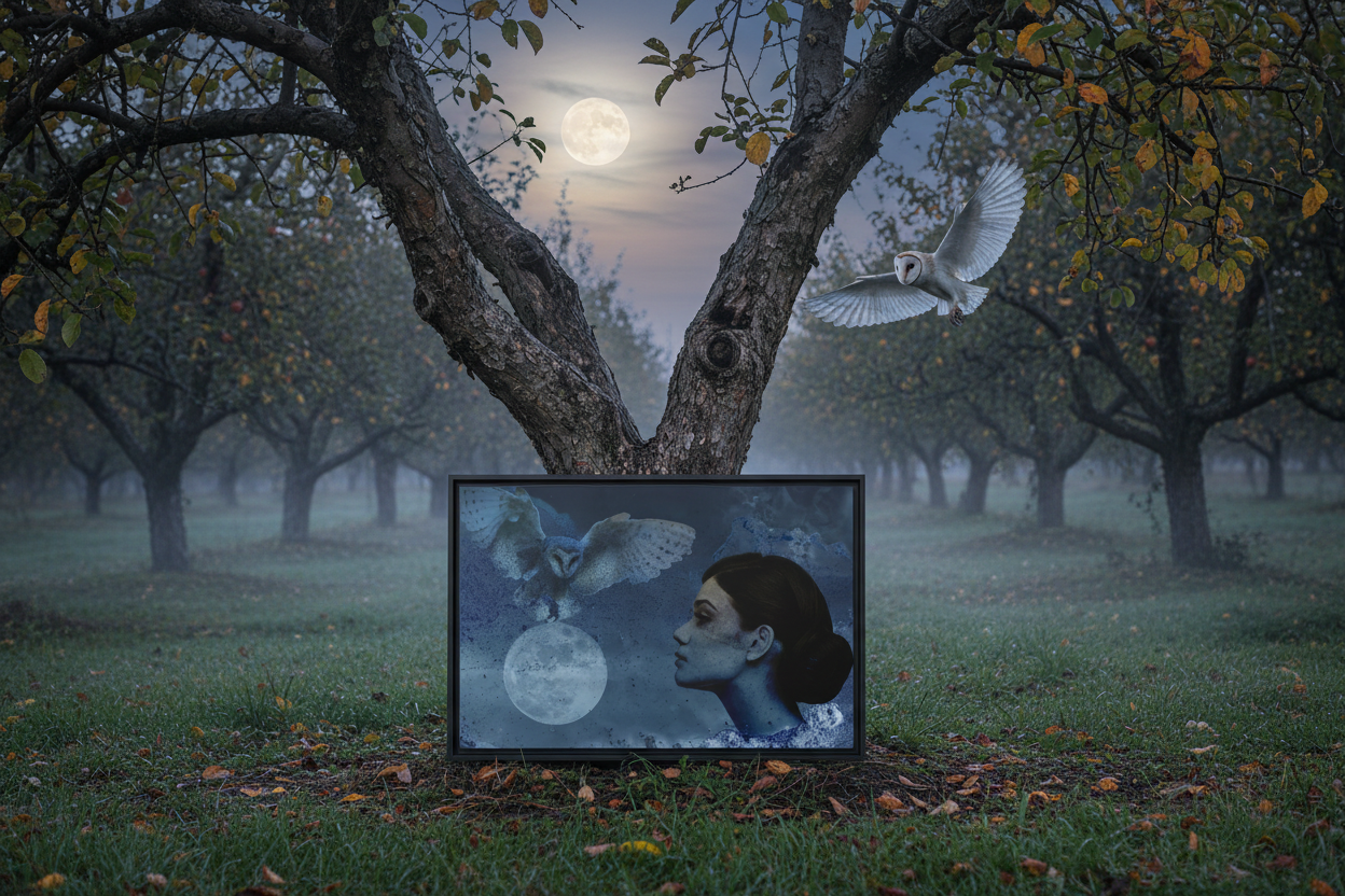 Moon Owl Canvas - Realistic Night Orchard