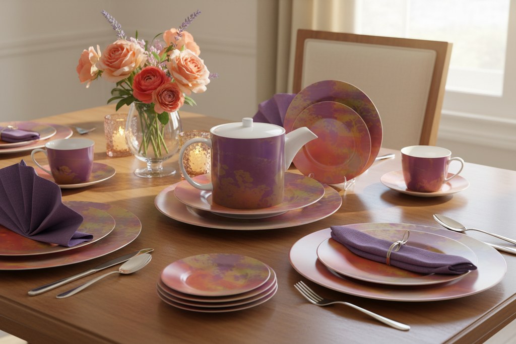 Neon Shade Bone China Teapot with matching plates tablescape