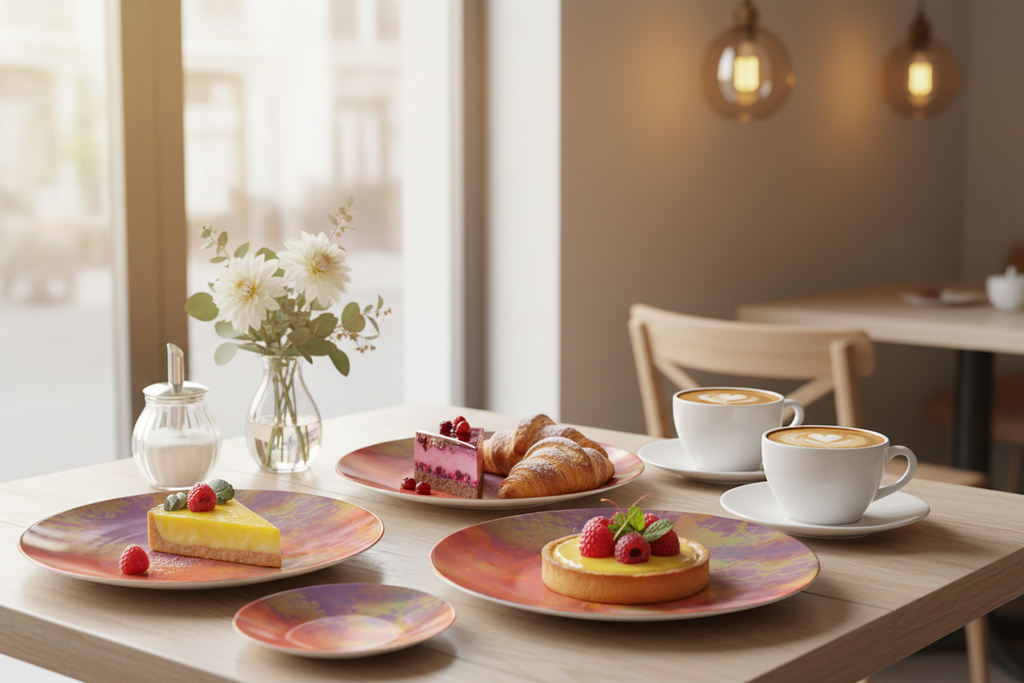 Neon Shade China Plates with dessert at cafe table