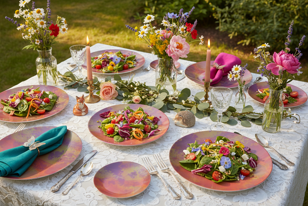 Neon Shade China Plates with salad on whimsical tablescape