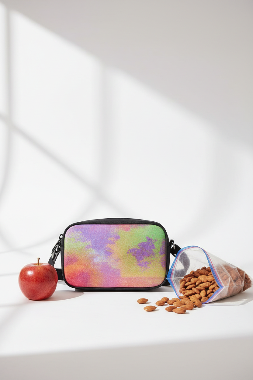 Neon Shade Crossbody Bag detail with apple and almonds