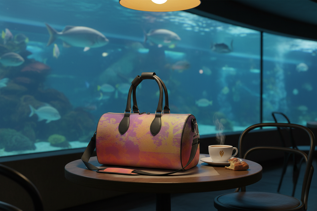 Neon Shade duffle bag at aquarium cafe