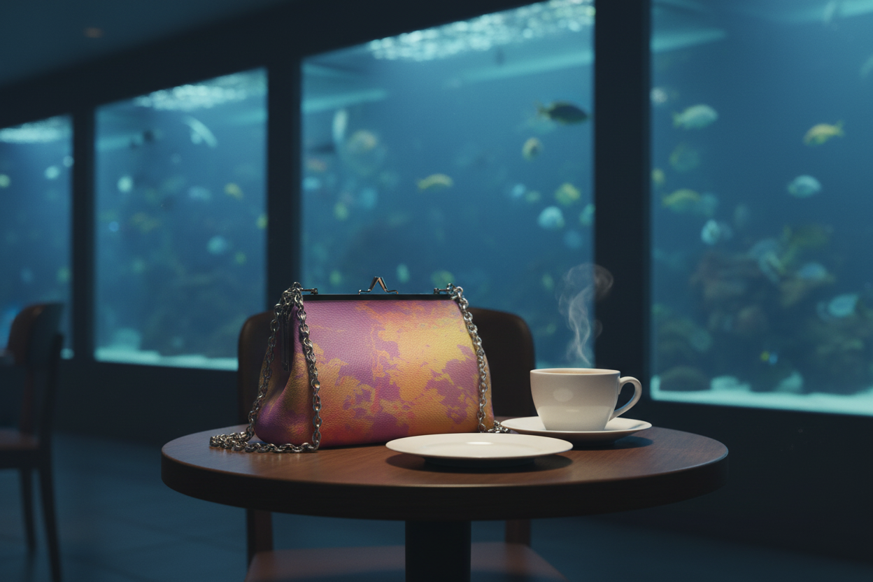 Neon Shade Flat Frame bag at aquarium cafe