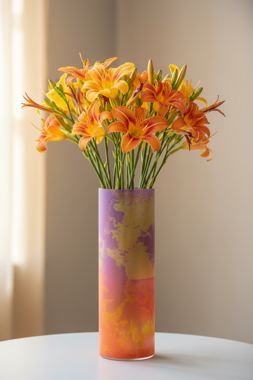 Neon Shade Glass Vase 35cm with daylilies