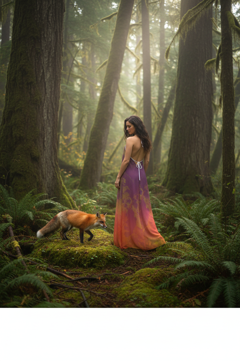 Neon Shade Halterneck backless dress in Olympic National Park with red fox
