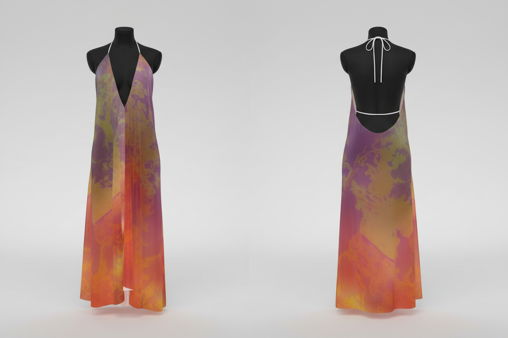 Neon Shade Halterneck backless dress on black mannequin front and back