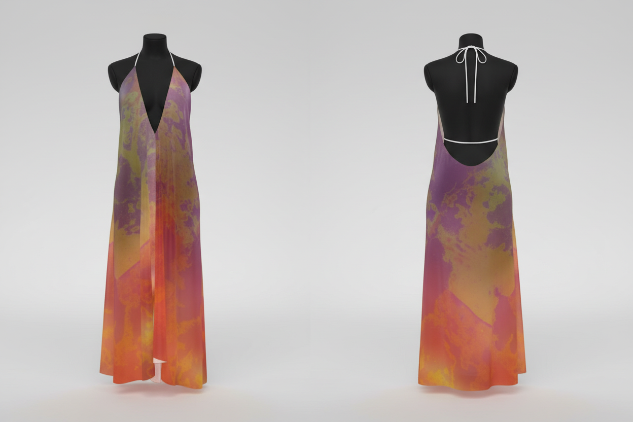 Neon Shade Halterneck backless dress on black mannequin front and back