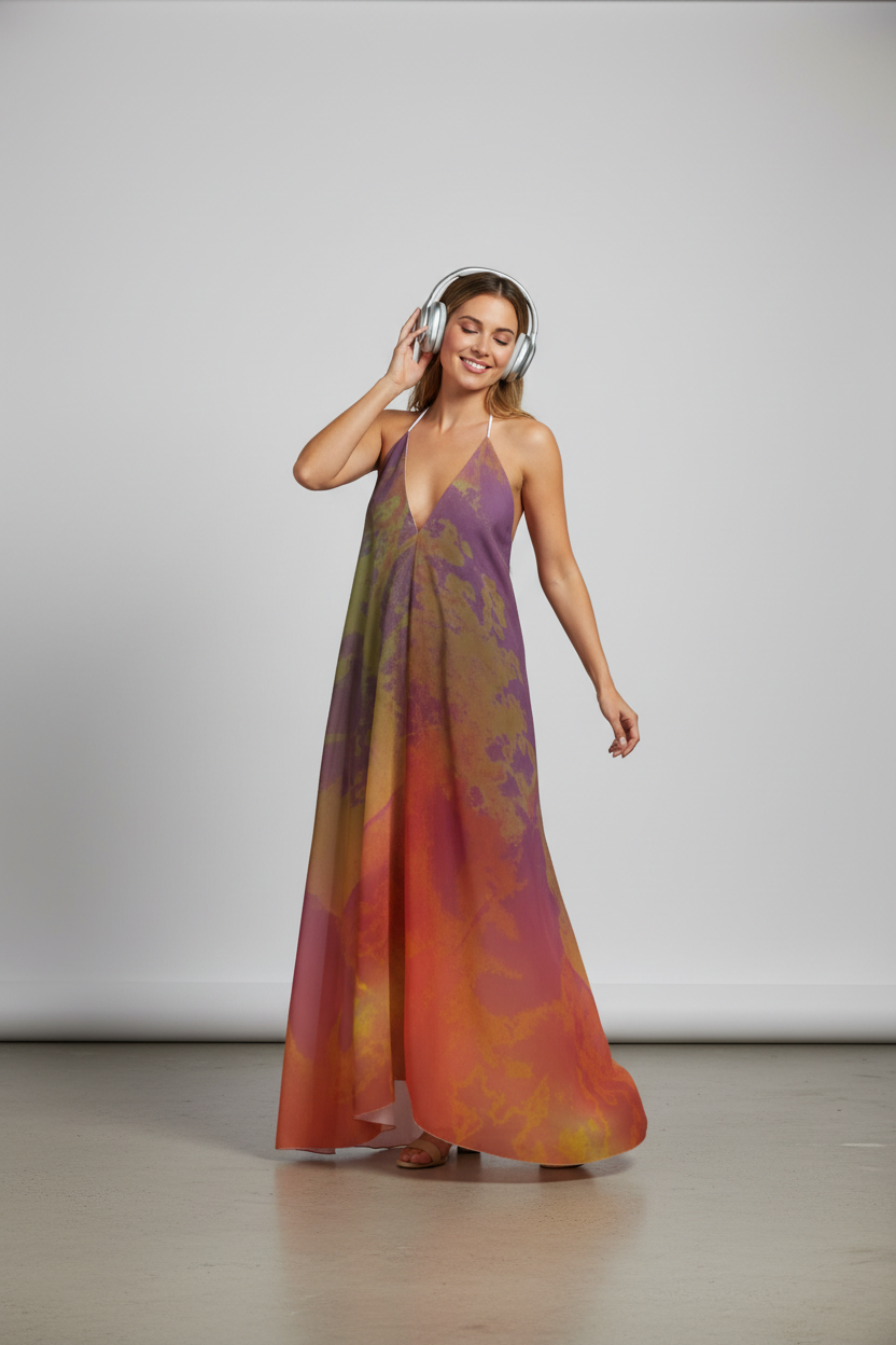Neon Shade Halterneck backless dress studio with headphones