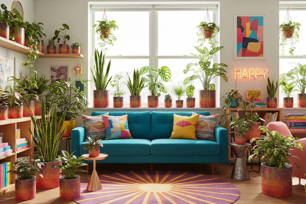 Neon Shade Plant Pots in dopamine decor apartment