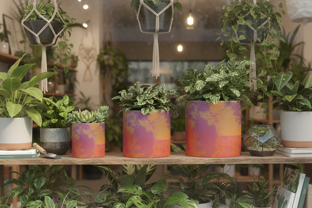 Neon Shade Plant Pots in plant store window