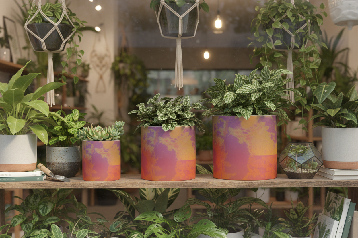 Neon Shade Plant Pots in plant store window