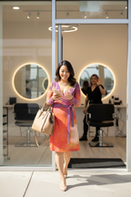 Neon Shade Wrap Dress at hair salon - Asian woman