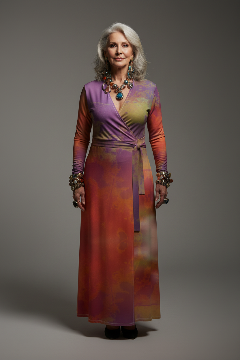 Neon Shade Wrap Dress on older woman with artistic jewelry