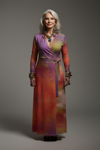 Neon Shade Wrap Dress on older woman with artistic jewelry