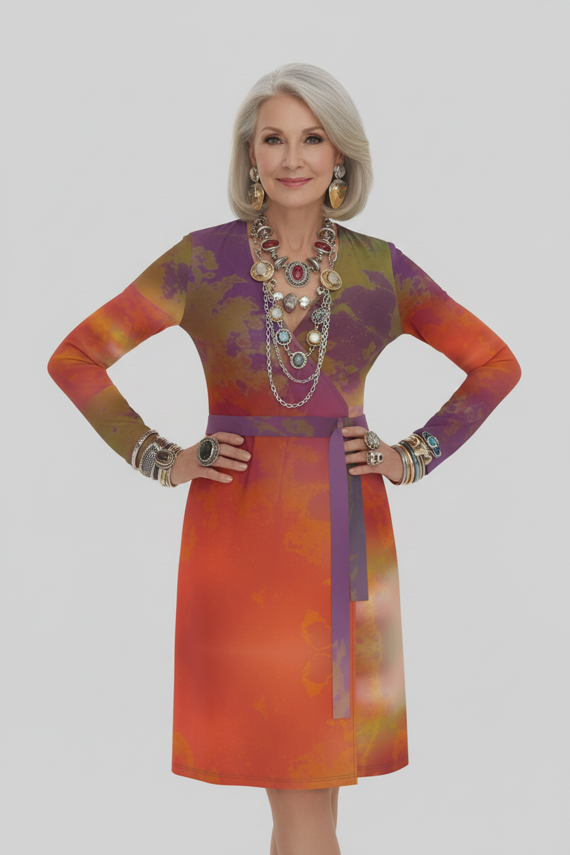 Neon Shade Wrap Dress on older woman with artistic jewelry