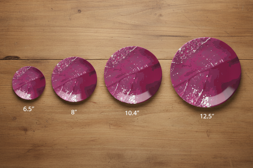 Pink Leaf all 4 plates accurate sizes overhead wood table flat lay