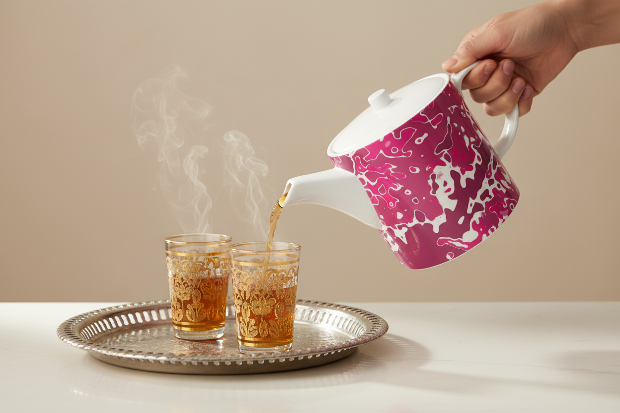 Pink Leaf Bone China Teapot pouring into Moroccan tea glasses mockup