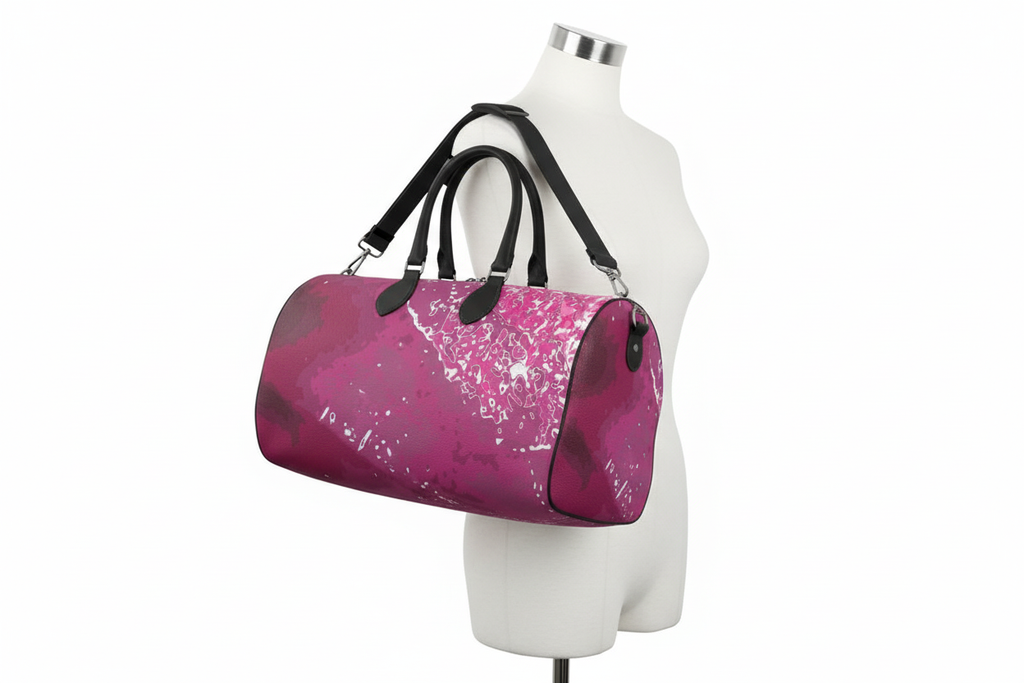 Pink Leaf Duffle Bag shoulder mounted corrected mockup