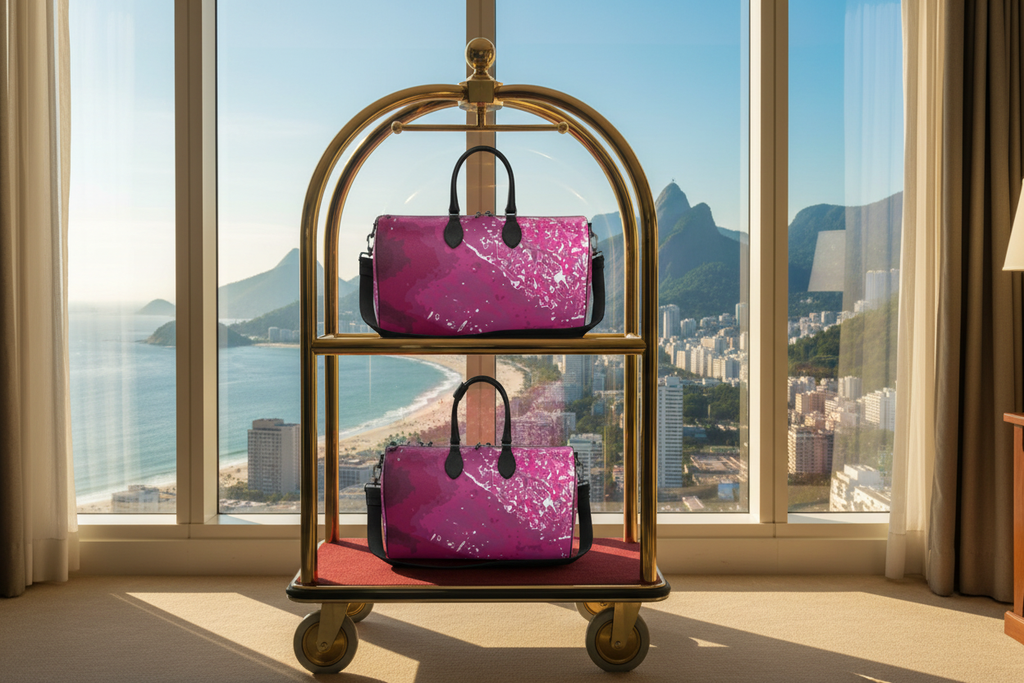 Pink Leaf Duffle Bags large and small hotel trolley Rio de Janeiro mockup