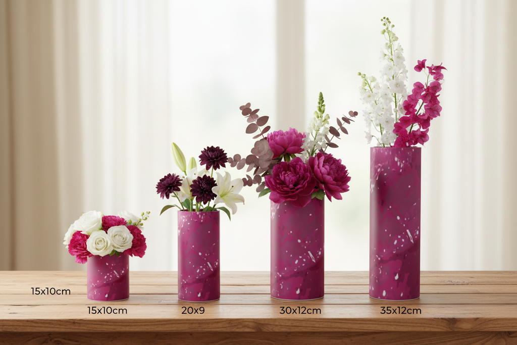 Pink Leaf Glass Vase straight cylinder all 4 sizes labeled wood table