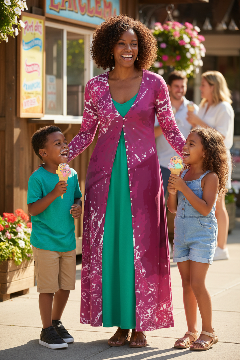 Pink Leaf Long Maxi Cardigan Black woman green dress kids ice cream mockup