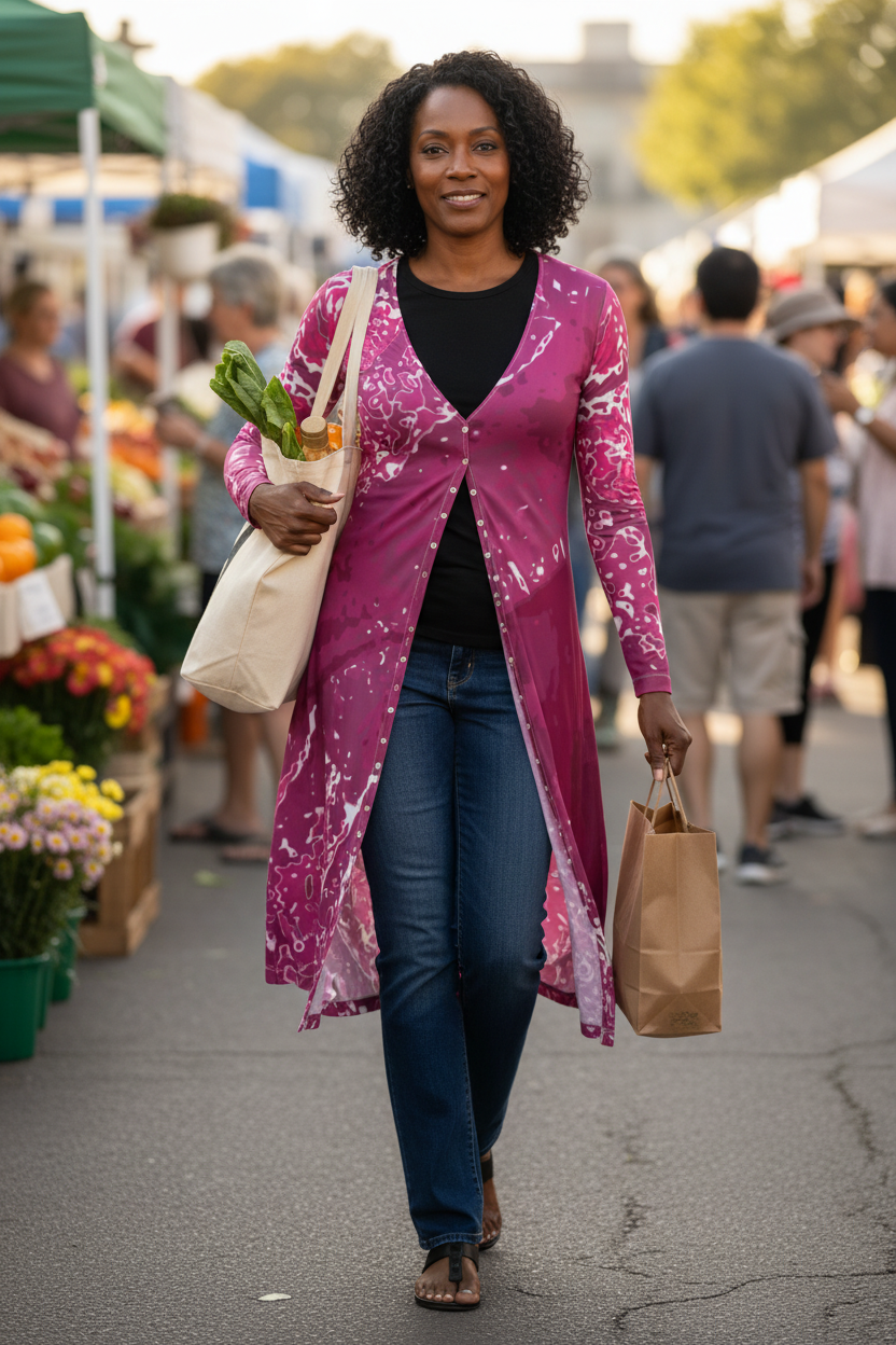 Pink Leaf Long Maxi Cardigan middle aged Black woman errands mockup