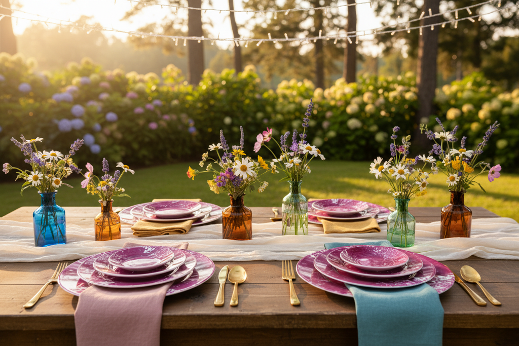 Pink Leaf plates whimsical outdoor party table mockup