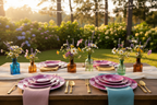 Pink Leaf plates whimsical outdoor party table mockup