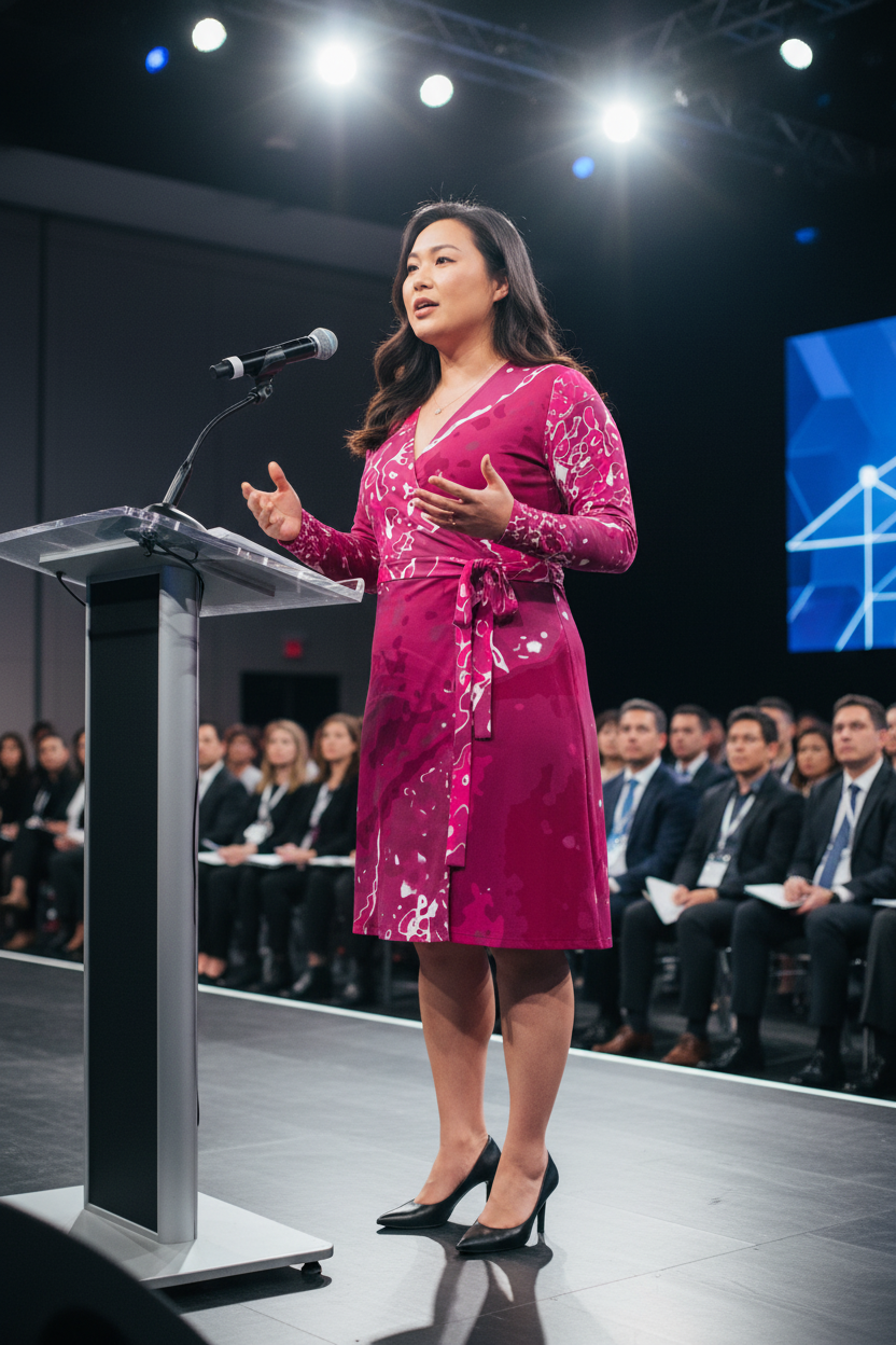 Pink Leaf Wrap Dress full figure Asian woman conference mockup