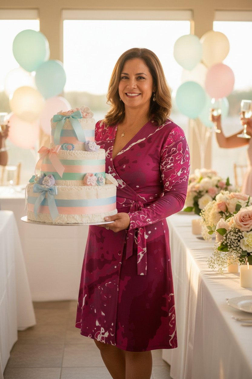 Pink Leaf Wrap Dress middle aged Hispanic woman baby shower diaper cake mockup