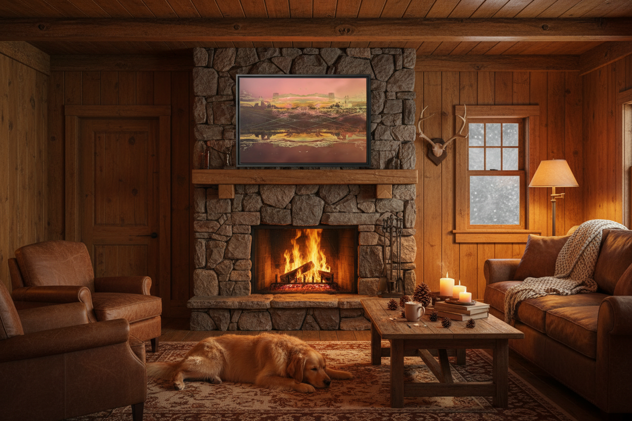 Pittsburgh Sunrise Canvas - Cozy Cabin with Fire and Dog