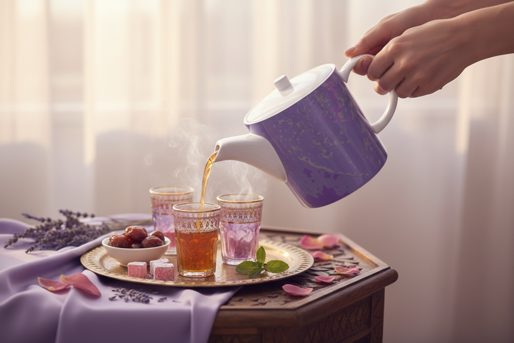 Purple Leaf Bone China Teapot – Pouring into Moroccan Tea Glasses