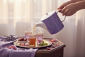 Purple Leaf Bone China Teapot – Pouring into Moroccan Tea Glasses