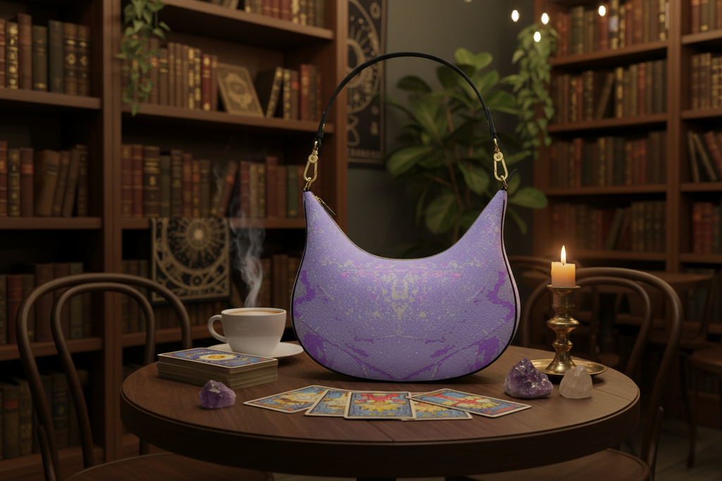 Purple Leaf Curve Hobo Bag esoteric bookstore cafe mockup